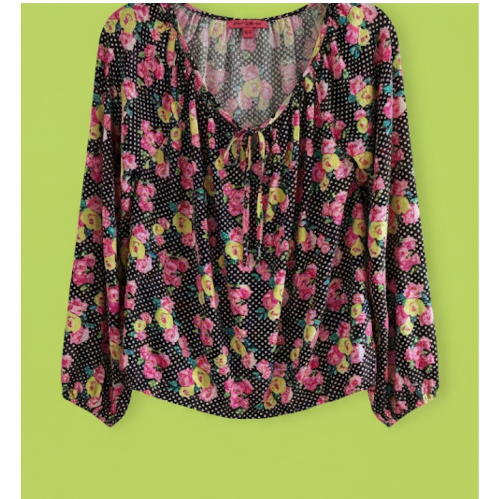 Betsey Johnson Black Floral Blouse with Pink and lime  Accents ptp 19